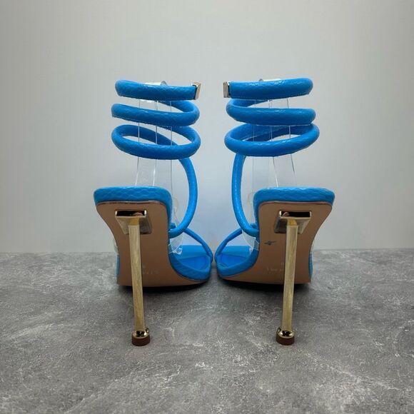 Simmi London Blue Eloise Wrap Ankle Gold Heel Sandal Size 6 Square Toe Stiletto - Picture 5 of 12